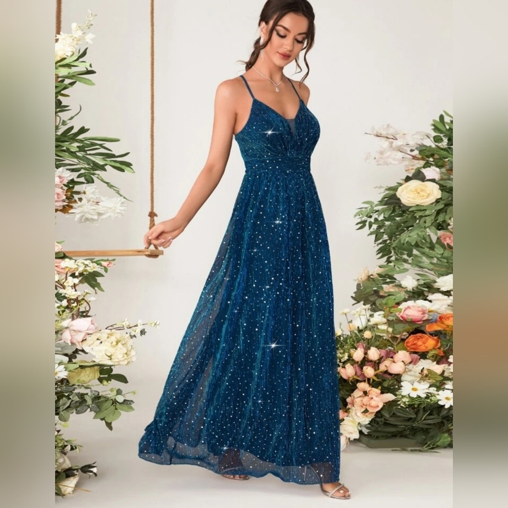 Crisscross Teal blue long glitter dress.